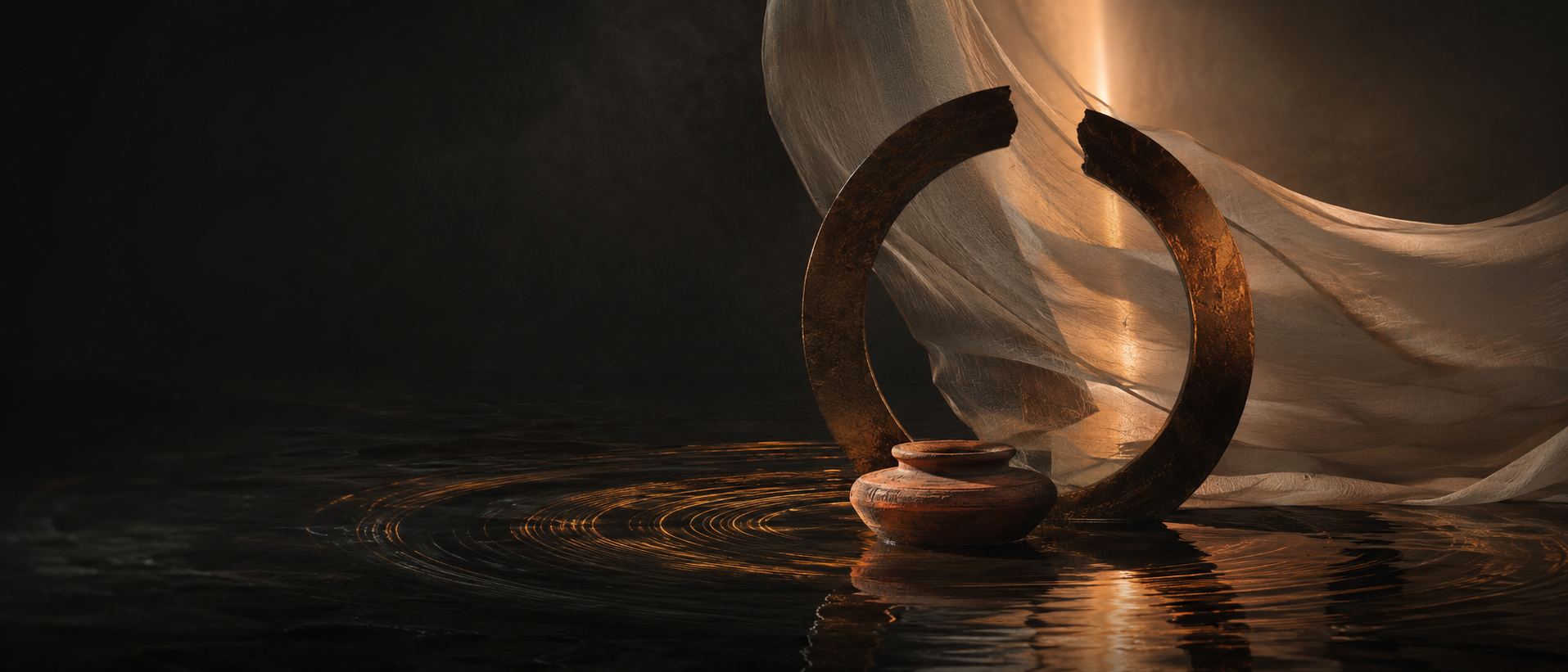 Culture transformed into experience | Archaeopolis Terracotta vessel beside a monumental bronze arc, translucent fabric and reflected golden light on water