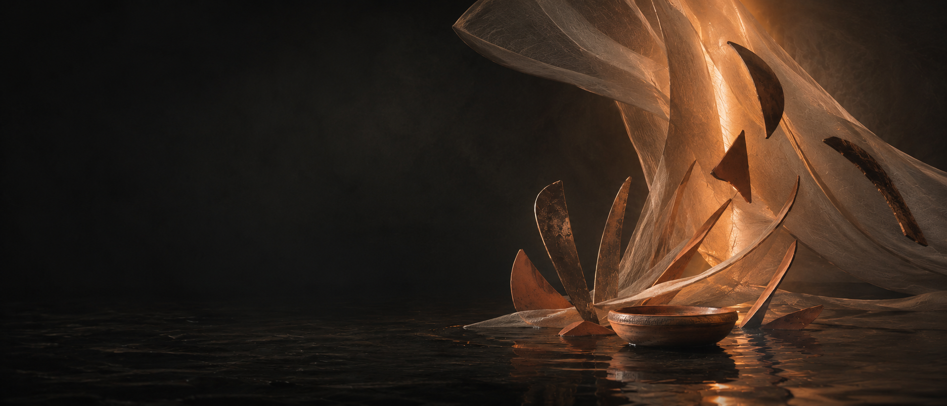 Immersive event production in Greece | Archaeopolis Bronze sculptural forms, translucent fabric and a terracotta vessel illuminated above reflective water