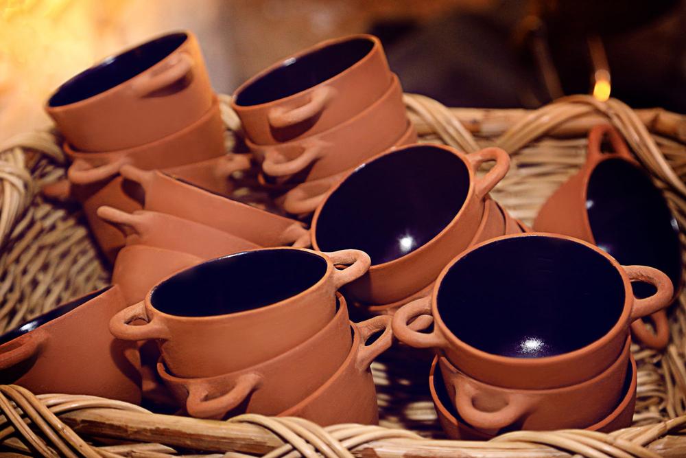 Reconstructed ceramic drinking cups used in Archaeopolis historical dining