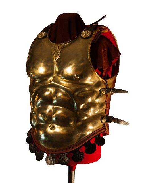 Polished anatomical bronze muscle cuirass mounted for display
