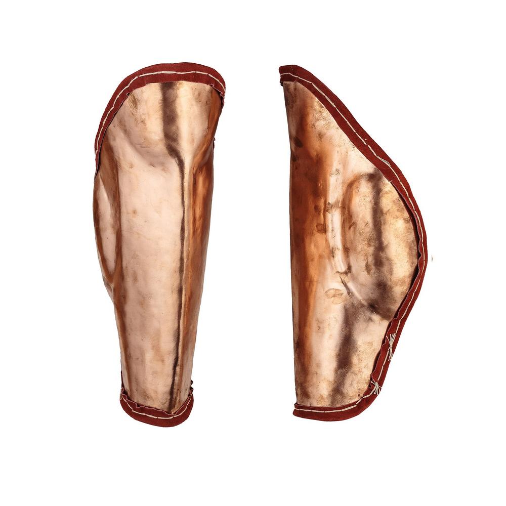 Pair of reconstructed bronze greaves shown open with leather lining