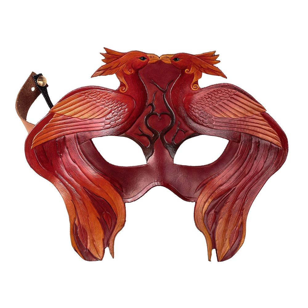 Sculptural red performance mask with symmetrical wing-like forms