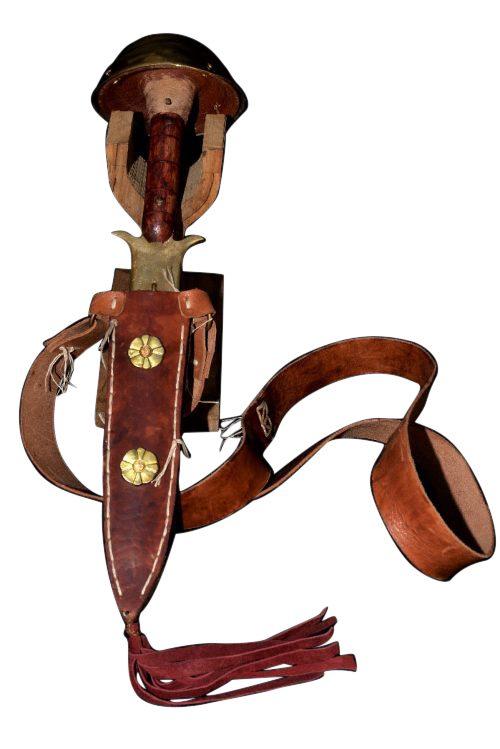 Reconstructed short sword with ornate sheath and leather baldric