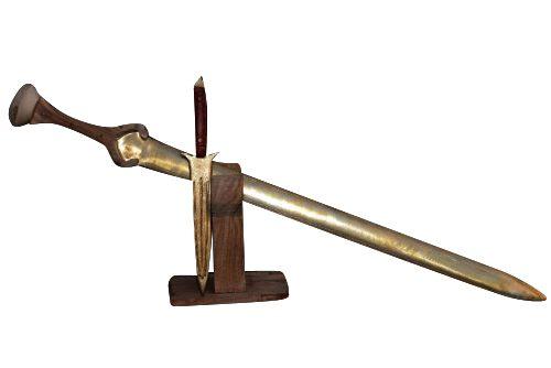 Reconstructed straight sword displayed horizontally on a wooden stand