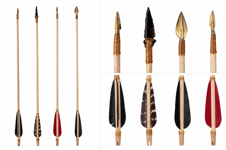 Composite showing four full-length wooden arrows alongside close views of their arrowheads and feather fletching