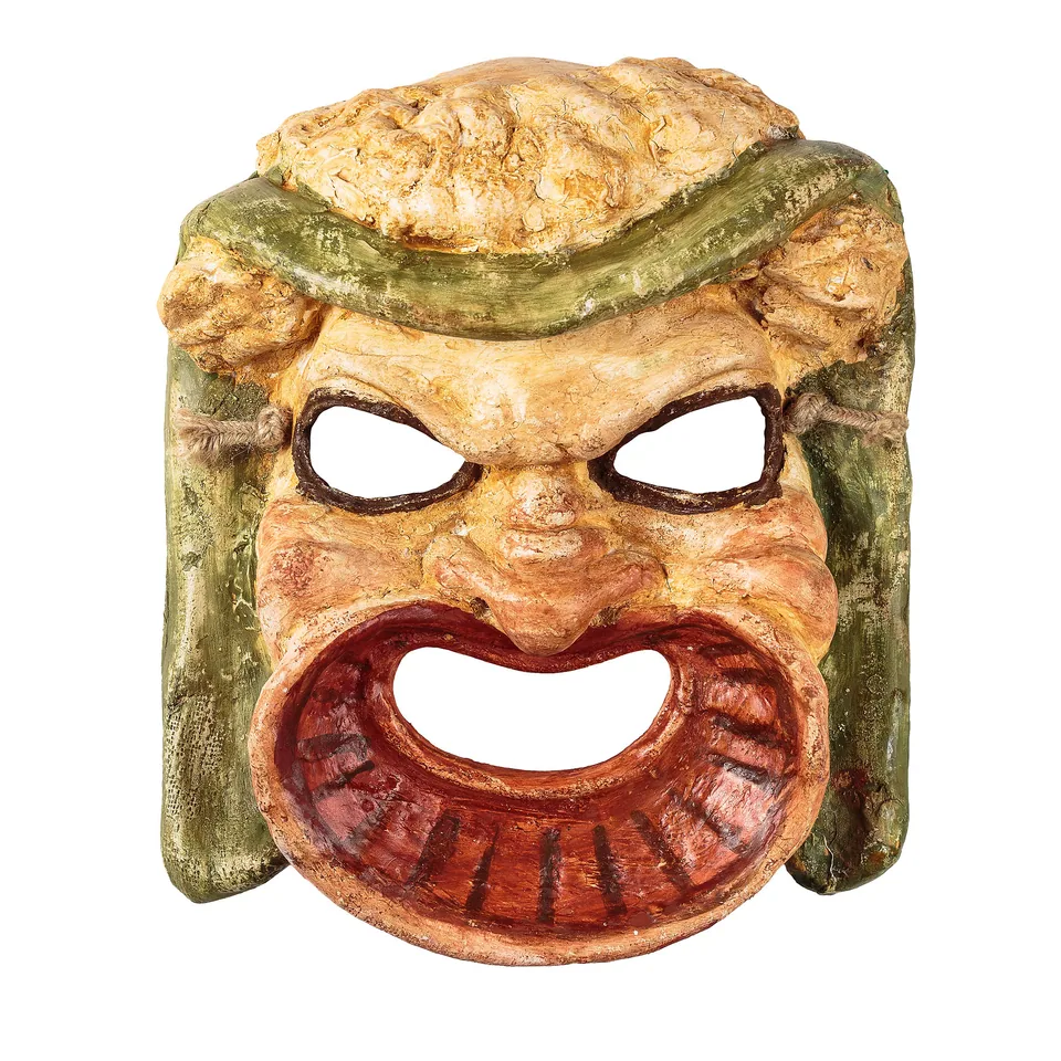 Theatrical mask with a green headband and a broad red mouth