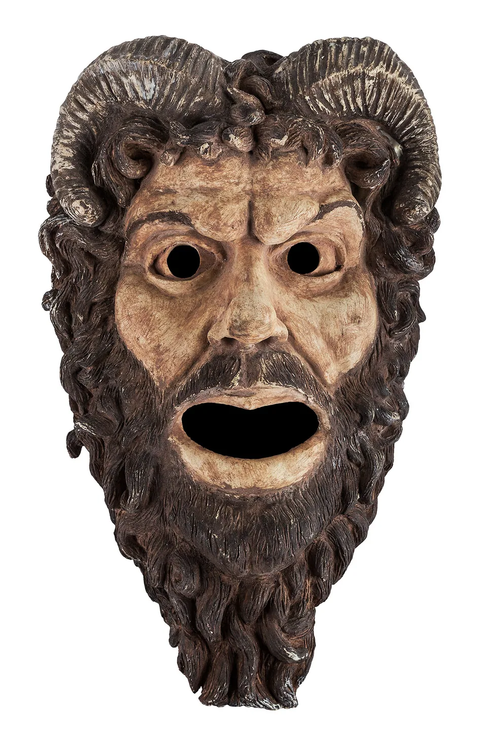 Dark bearded full-face mask with curled ram horns and an open mouth