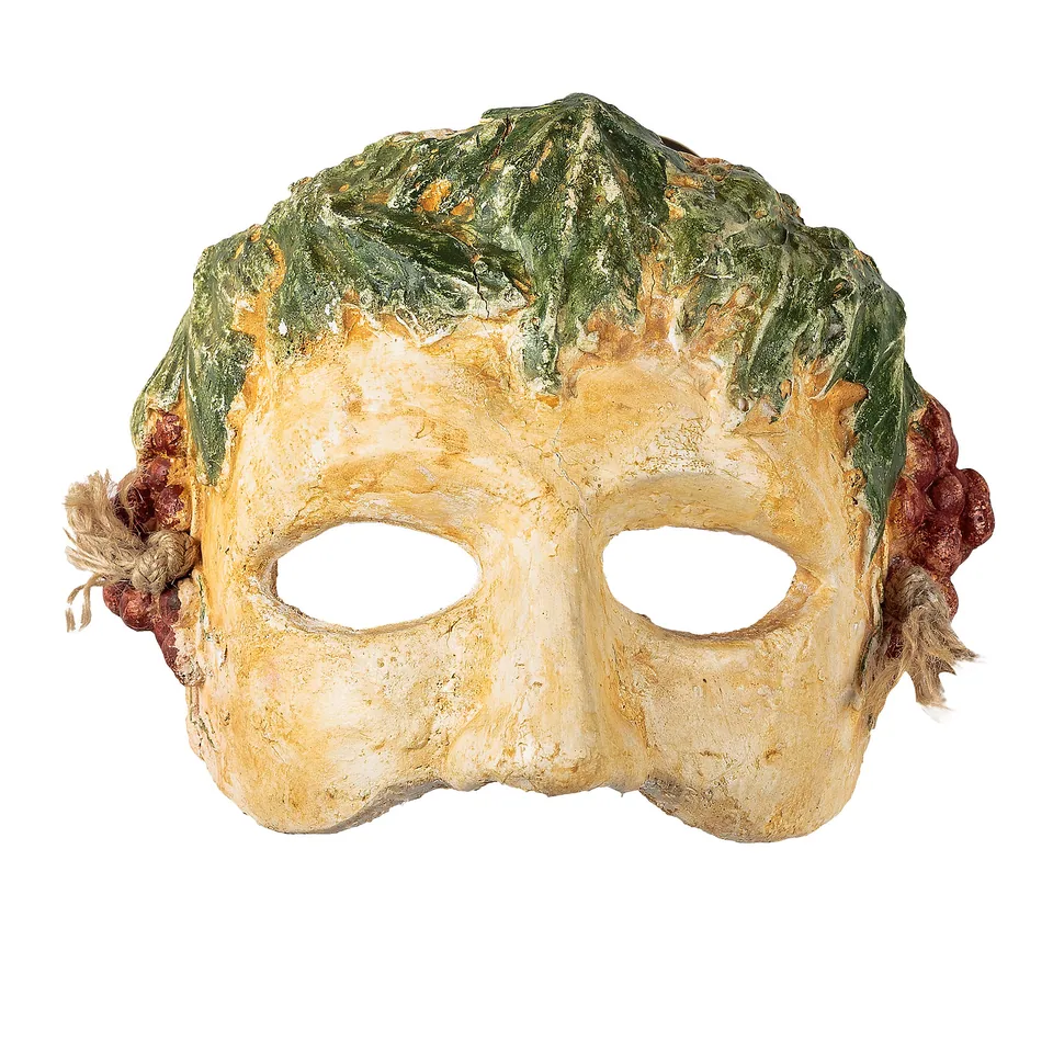Pale half-mask with green leaf shapes and red grape-like side decoration
