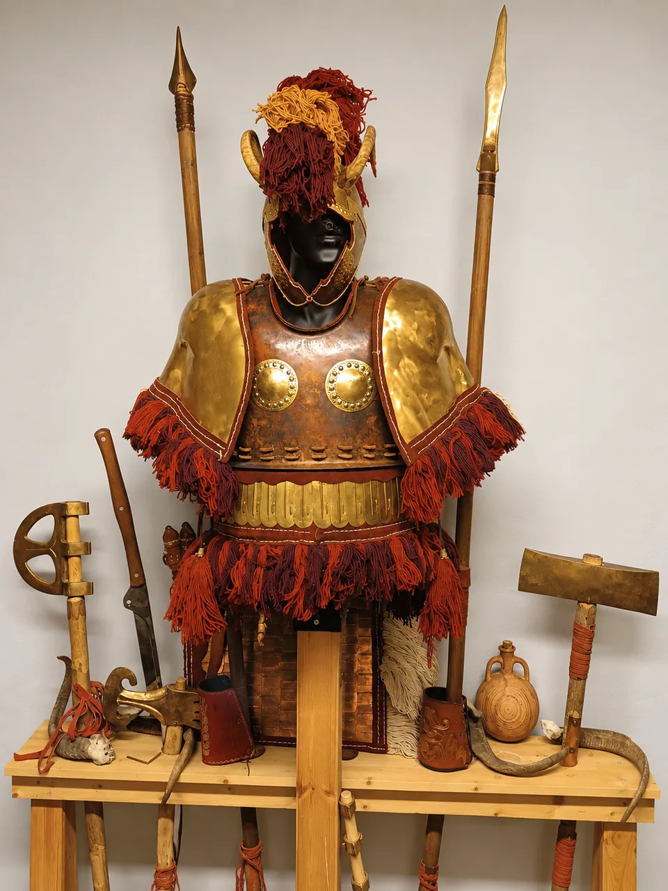 Front view of a Mycenaean equipment ensemble with a crested horned helmet, bronze-coloured armour, red fringe, spears, axes and leather accessories