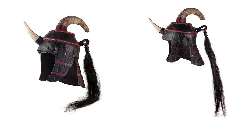 Two views of Mycenaean Helmet B, showing its dark patterned shell, contrasting horns, red bindings, cheek guards and horsehair
