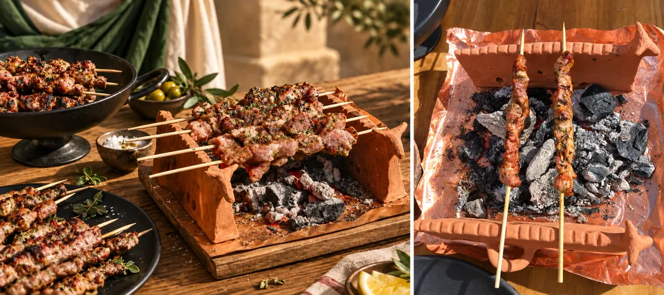 Two-panel composite showing a terracotta grill with meat skewers over charcoal: a table setting on the left and an overhead view on the right