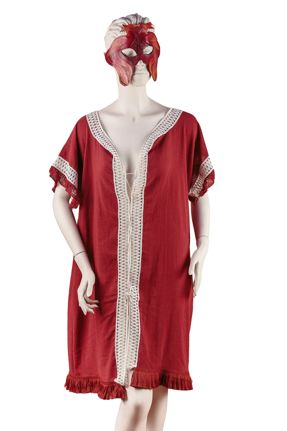Red costume with pale trim and a red sculptural bird mask displayed on a mannequin