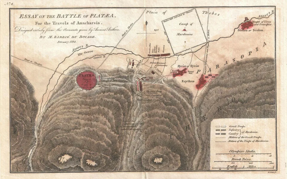 Jean-Denis Barbié du Bocage map of the Battle of Plataea showing the Asopus, Cithaeron and troop movements
