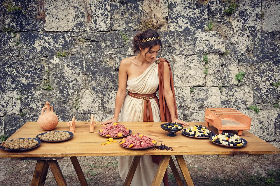 Dining & Symposium — Archaeopolis A woman in ancient Greek-inspired dress behind a wooden table of food and terracotta vessels against a stone wall