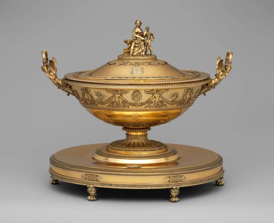 A serving piece made to command a room Large French silver gilt tureen and serving vessel