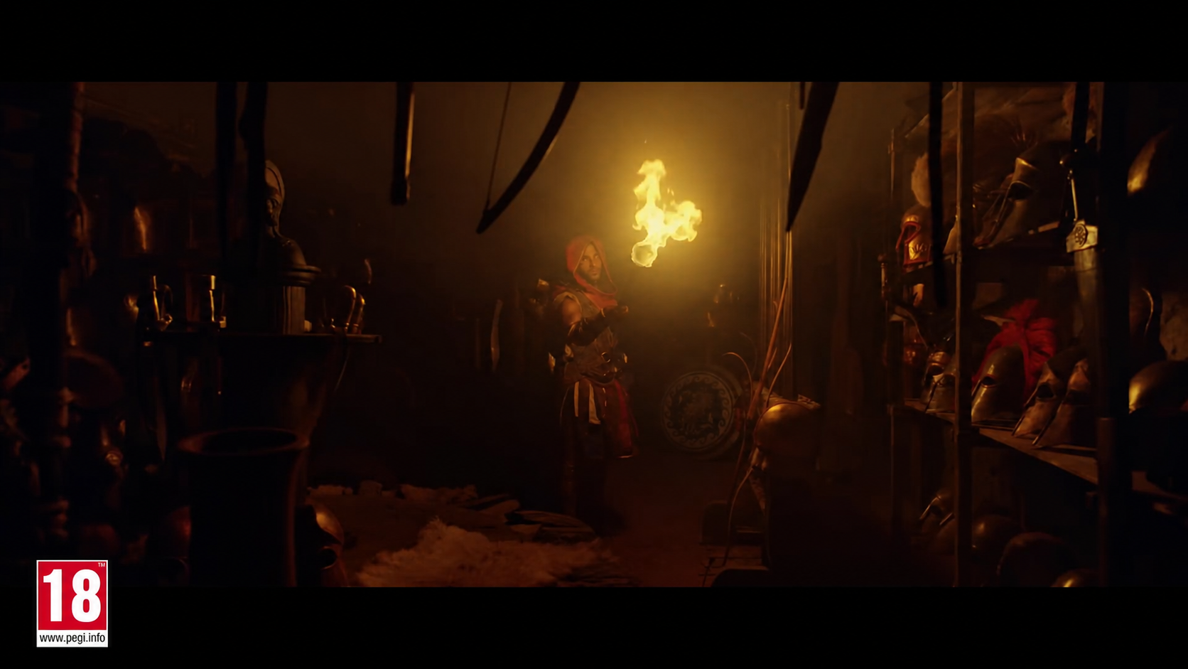 Assassin’s Creed Odyssey Choose Life trailer · torchlit armoury Torchlit armoury filled with reconstructed helmets, shields and equipment in the Assassin’s Creed Odyssey live-action trailer