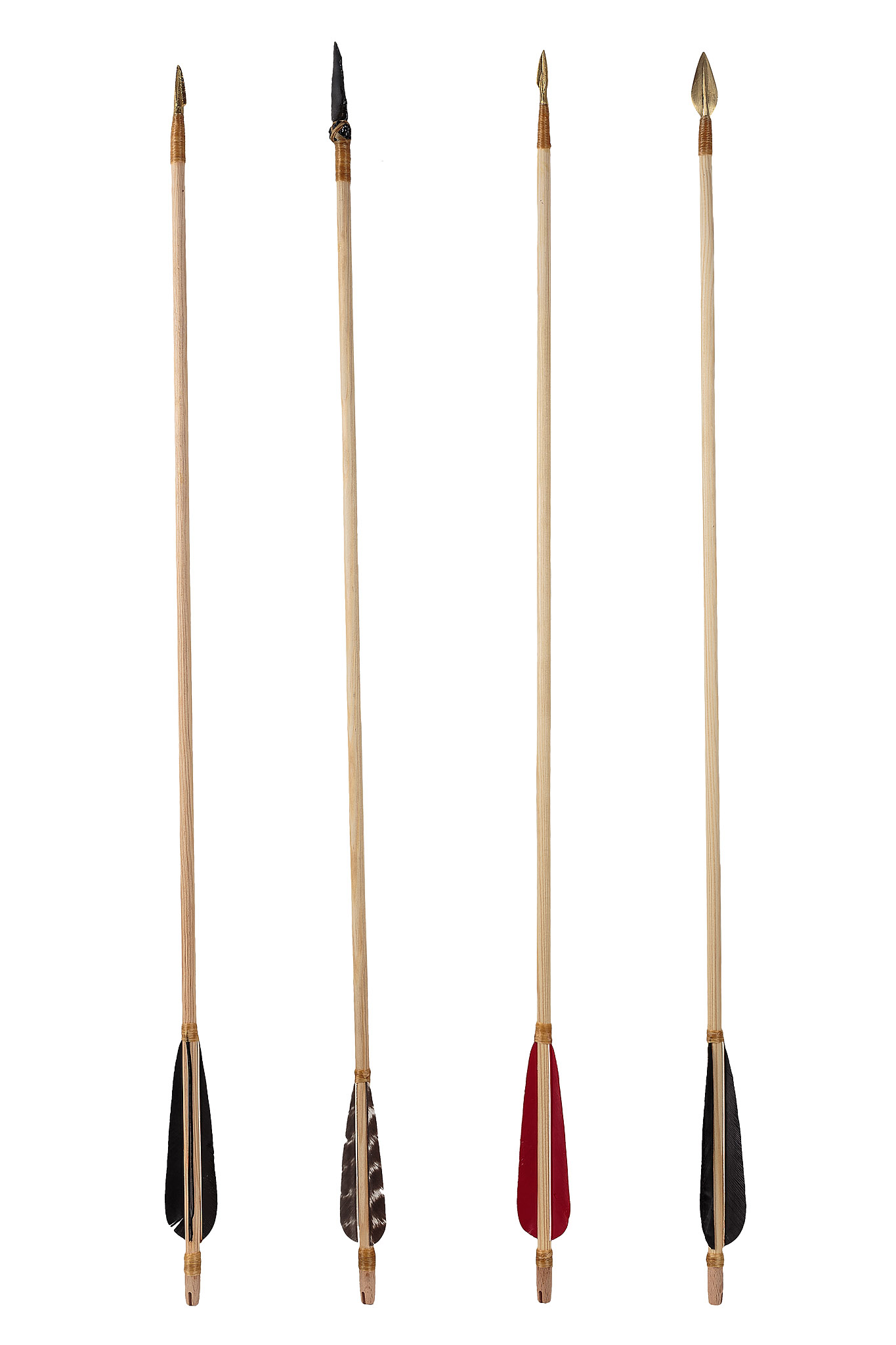 Reconstructed arrows and fletching | Archaeopolis Archery Games Four reconstructed arrows with different fletching colours