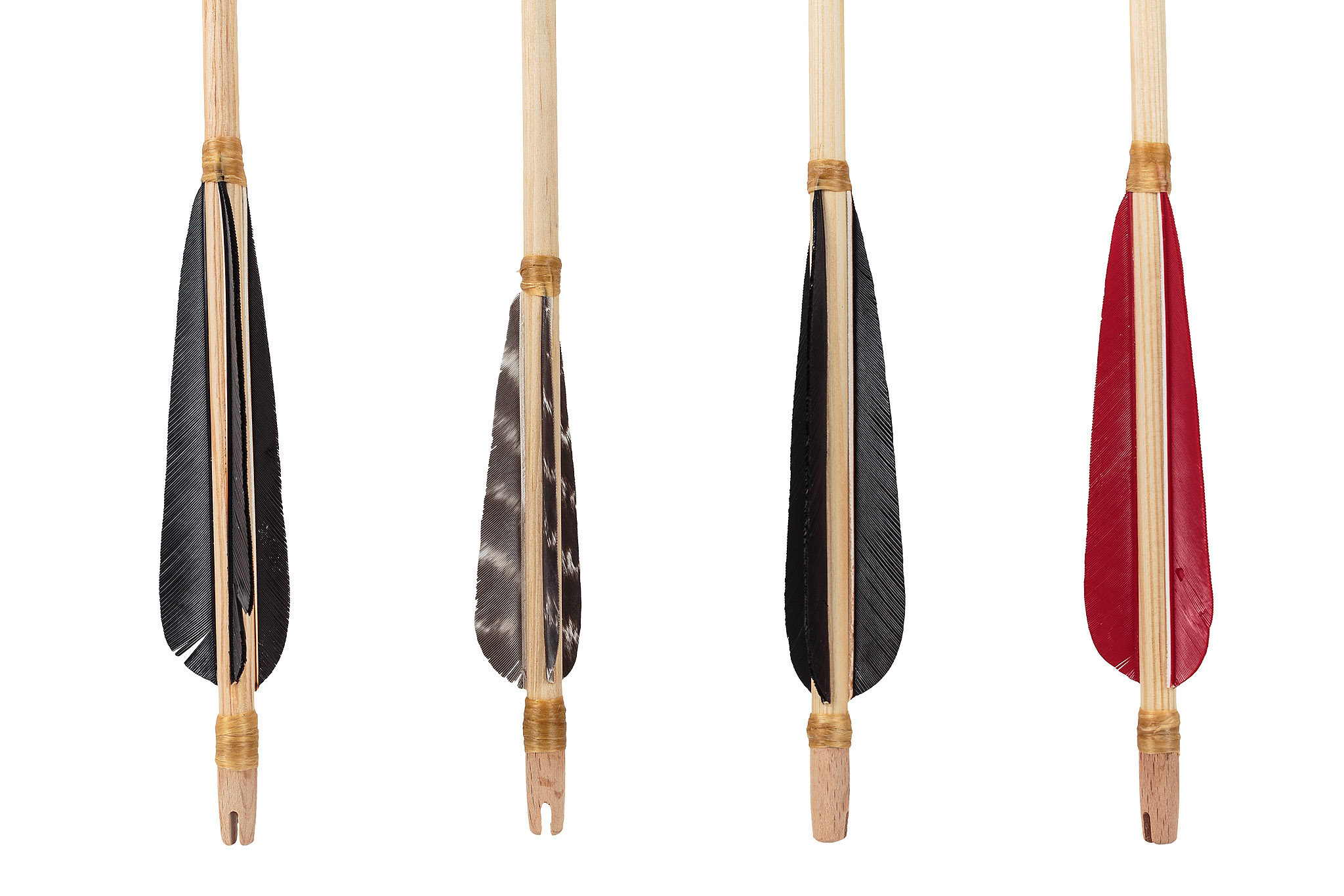 Arrow fletching and shaft construction | Archaeopolis Archery Games Close study of black and red feather fletching on reconstructed arrows