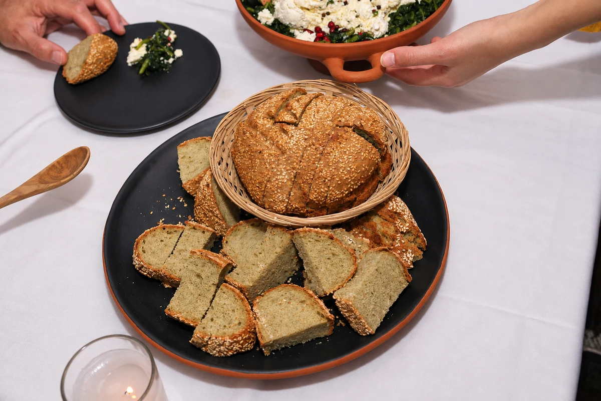 A seeded loaf in a wicker basket surrounded by sliced bread on a dark platter.