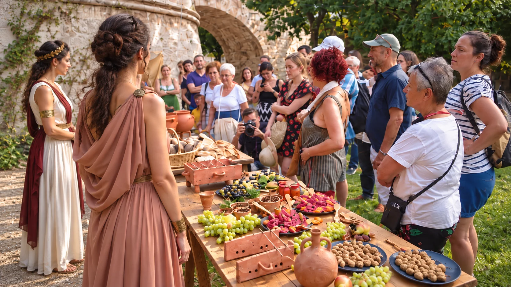 Visitors gathered around an outdoor table of food and ceramic vessels with hosts in ancient Greek-inspired dress