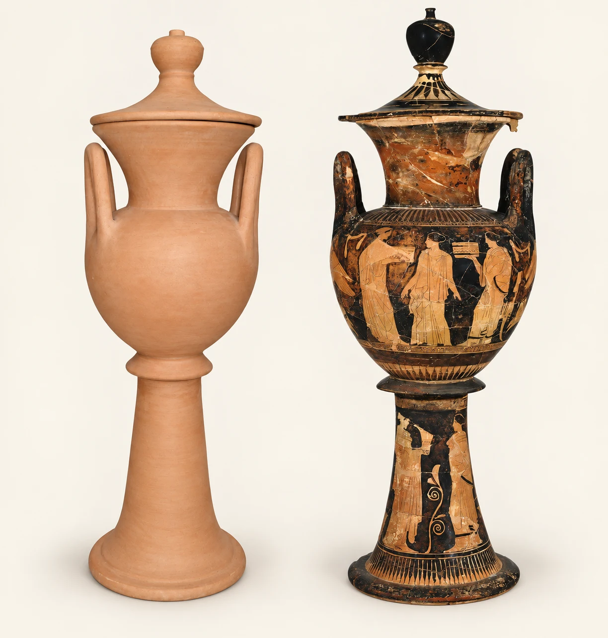 Two lebetes gamikoi: the plain terracotta Archaeopolis reconstruction on the left and the painted ancient wedding vessel on the right.