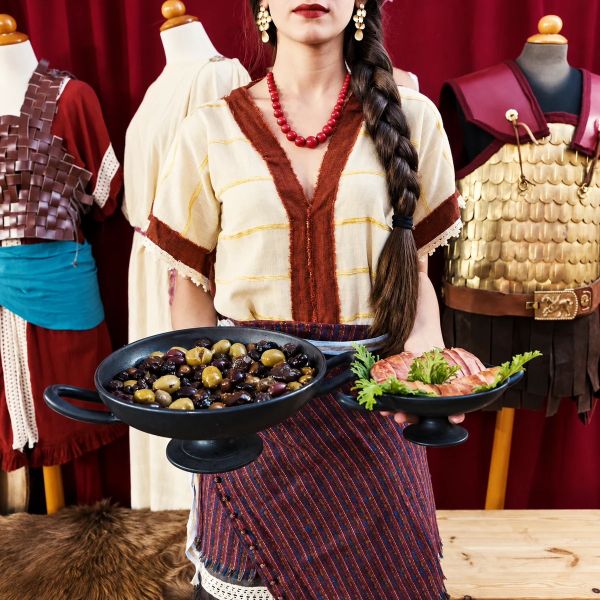 A costumed server holding black bowls of olives and sliced food in front of costume displays.