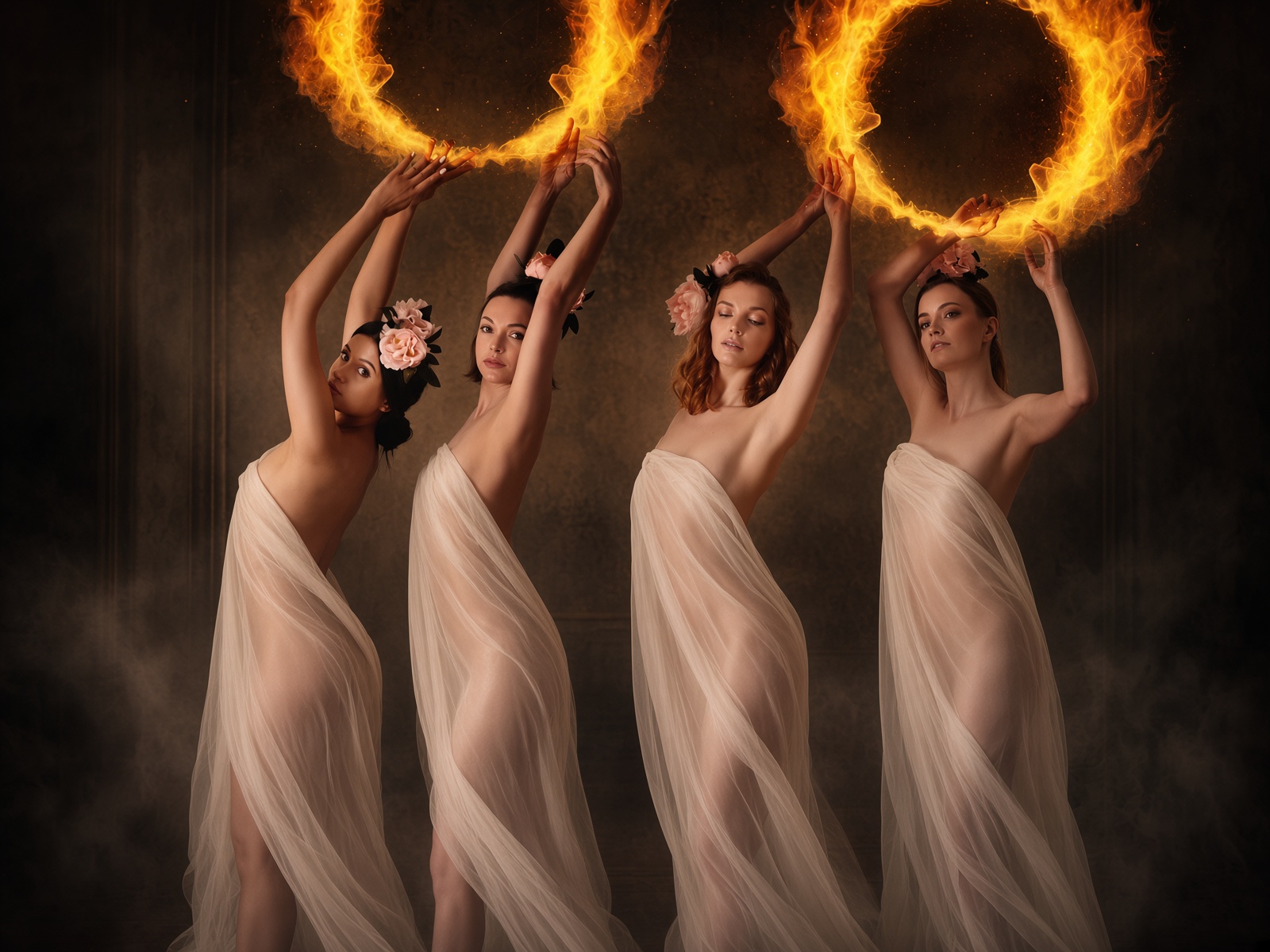 Fire Performance in Mykonos — Contextual Event Photograph Contextual Mykonos performance photograph of four dancers in pale draped costumes holding circular arcs of fire