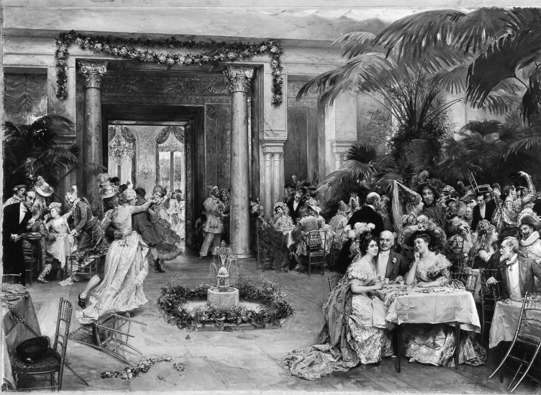 The social theatre of a masked ballroom Crowded masked ball at the Ritz Hotel in Paris in 1909
