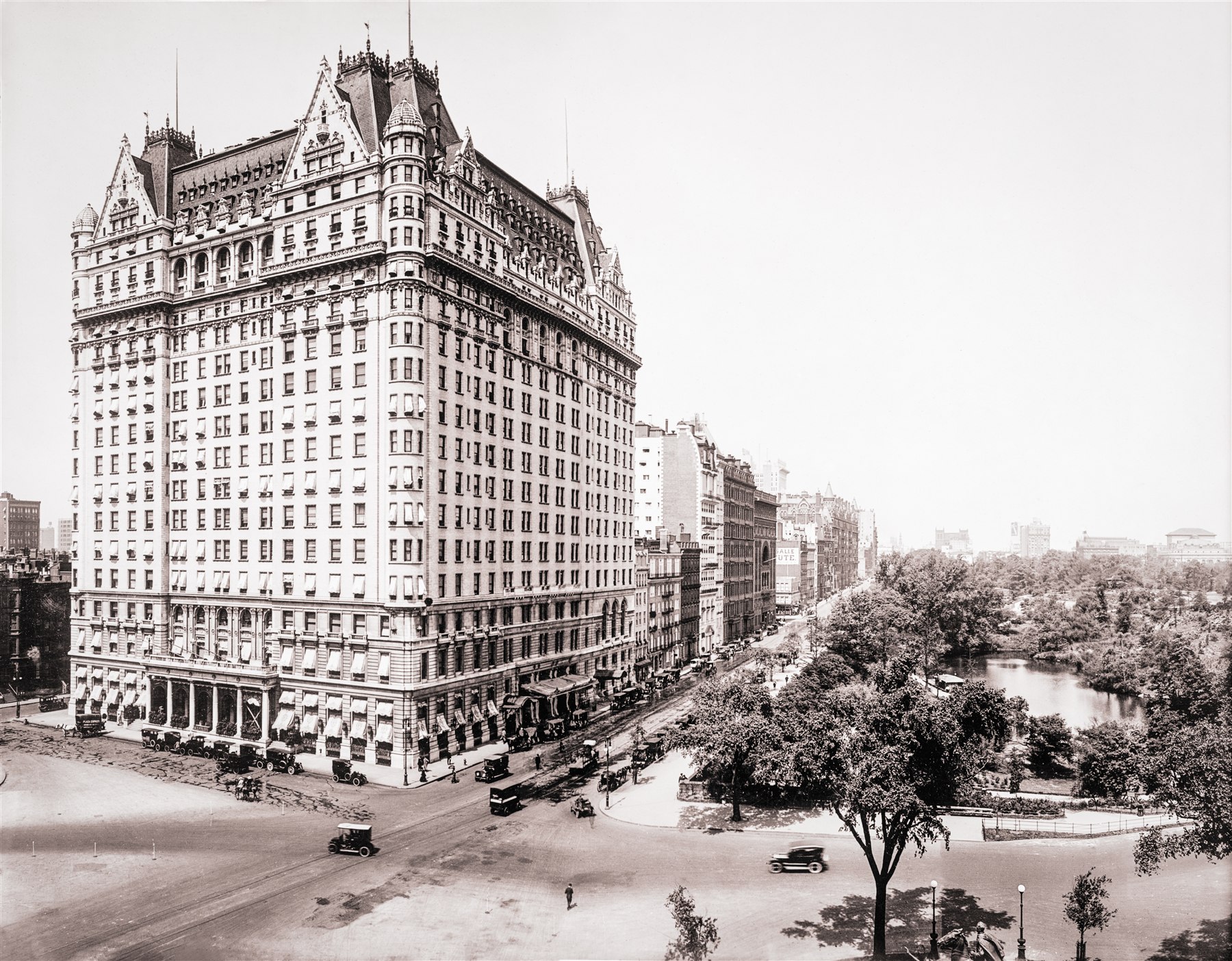 The Plaza Hotel and Central Park, New York Historic black and white view of the Plaza Hotel beside Central Park in New York around 1910
