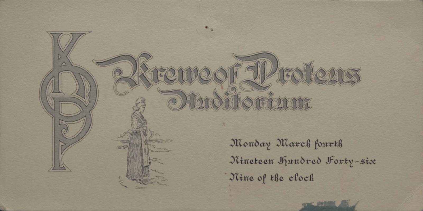 When an invitation behaves like a passport Wide formal invitation card for the 1946 Krewe of Proteus Mardi Gras ball