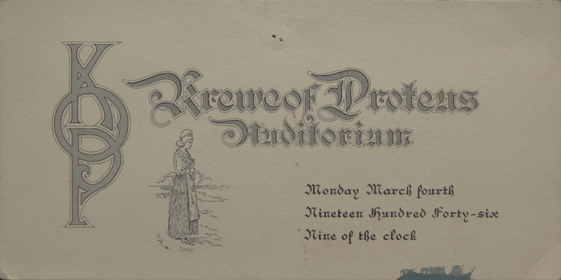 When an invitation behaves like a passport Wide formal invitation card for the 1946 Krewe of Proteus Mardi Gras ball