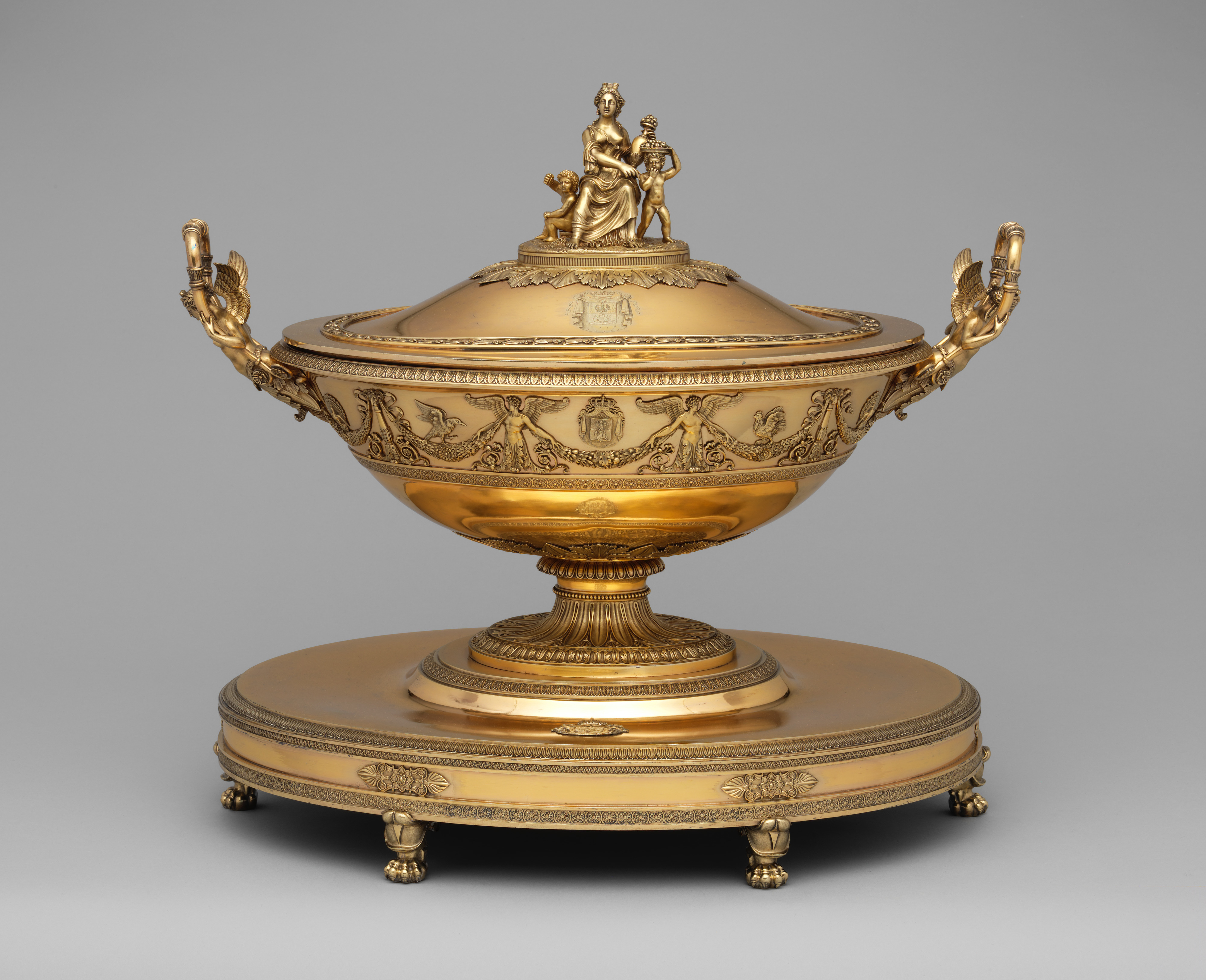 A serving piece made to command a room Large French silver gilt tureen and serving vessel