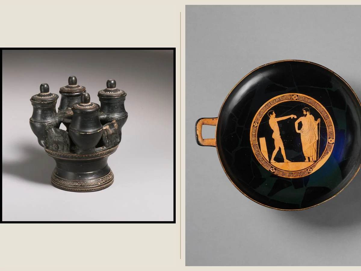 Diptych pairing an ancient Greek kernos for grain offerings with an Attic kylix showing an athlete and trainer