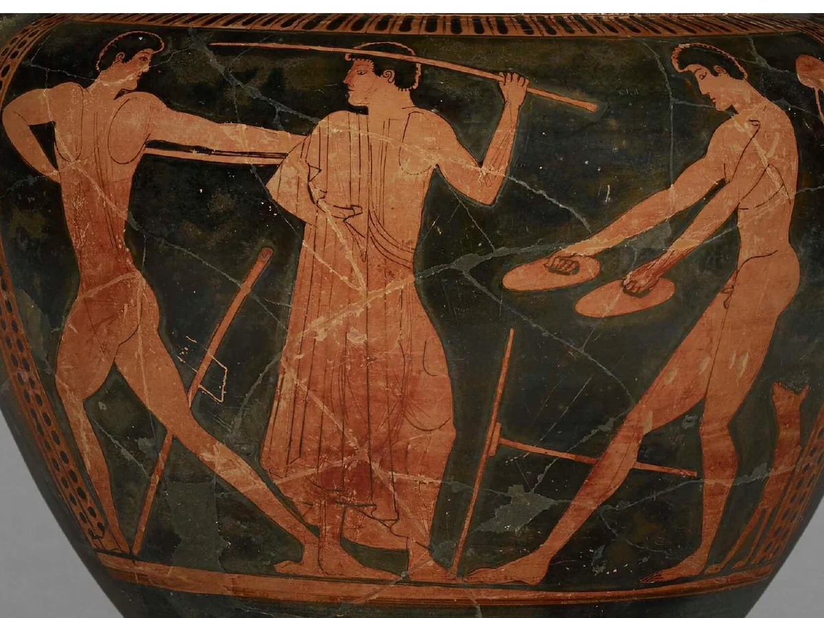 A paedotribes supervising a javelin thrower and a jumper with halteres on an Attic red-figure column-krater