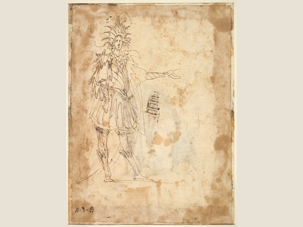 Seventeenth-century costume design showing a performer in a large headdress and long cape