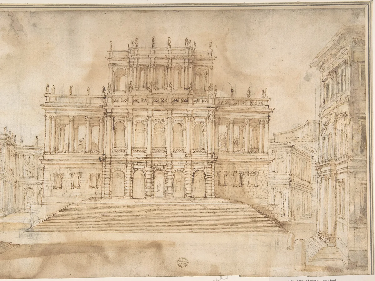 Eighteenth-century architectural drawing for a theatrical stage set with a porticoed palazzo
