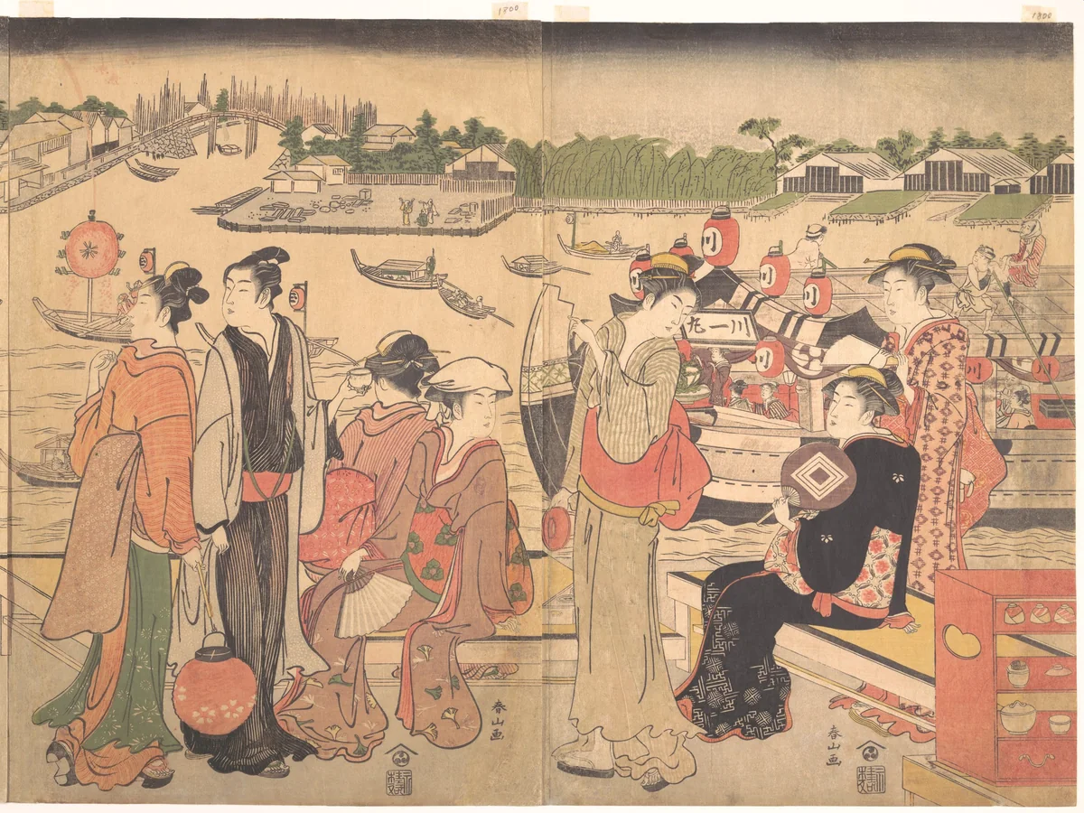 Late eighteenth-century Japanese triptych depicting a summer festival beside the Sumida River