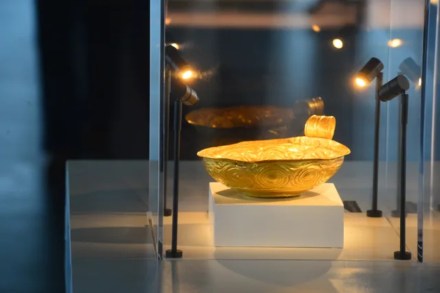 Shallow gold vessel with circular relief decoration displayed alone in a museum case.