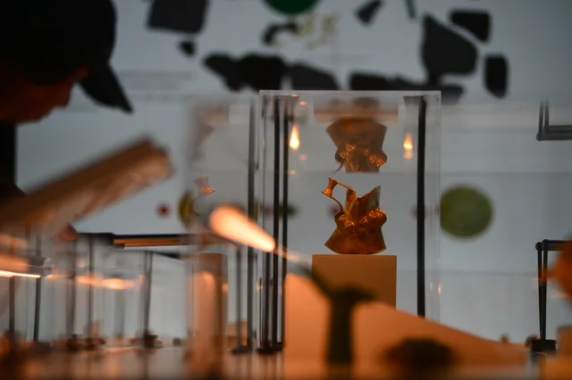 Decorated gold artefact inside an illuminated museum case, with a blurred visitor in the foreground.