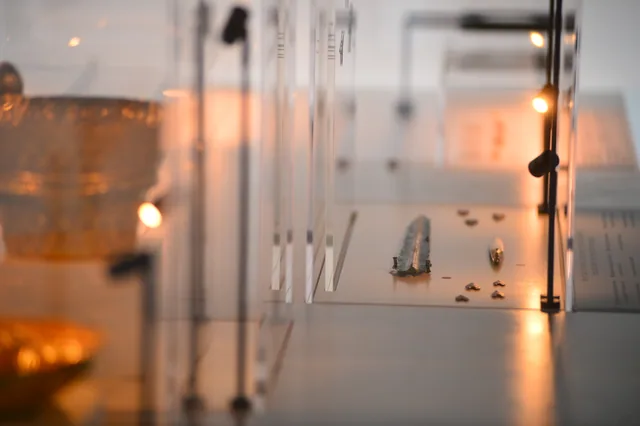 Small metal blade and several other metal objects arranged in a museum display.