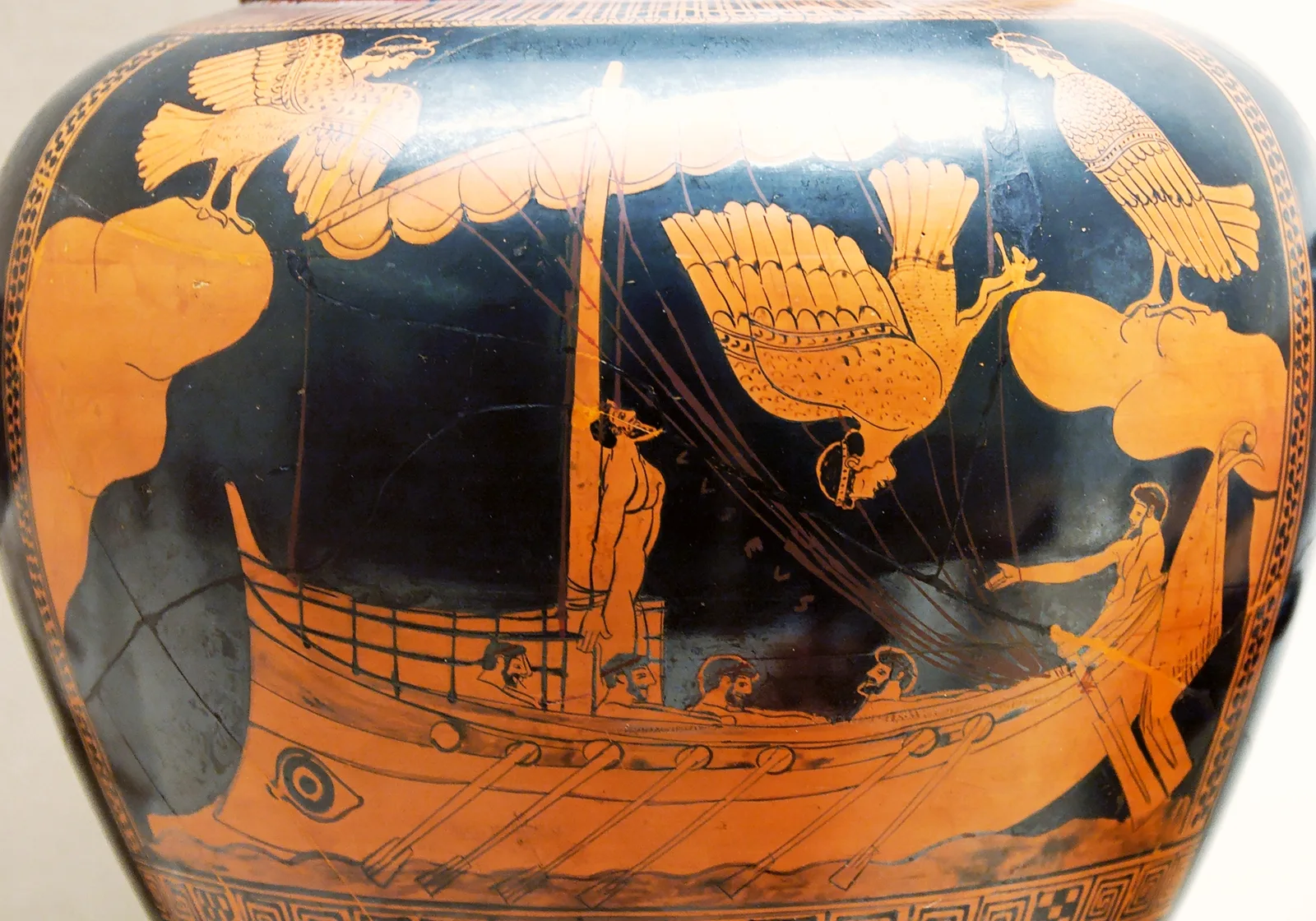 Odysseus and the Sirens Odysseus tied to a ship’s mast as winged Sirens surround the vessel on an Attic red-figure vase