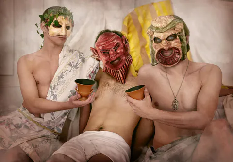 Masked mythological performers at a private Archaeopolis event in Mykonos