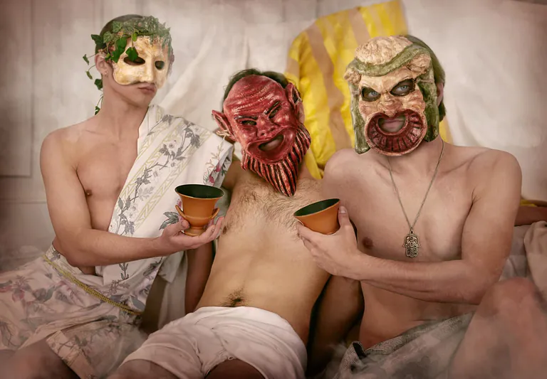 Three masked performers at a documented Archaeopolis private event in Mykonos