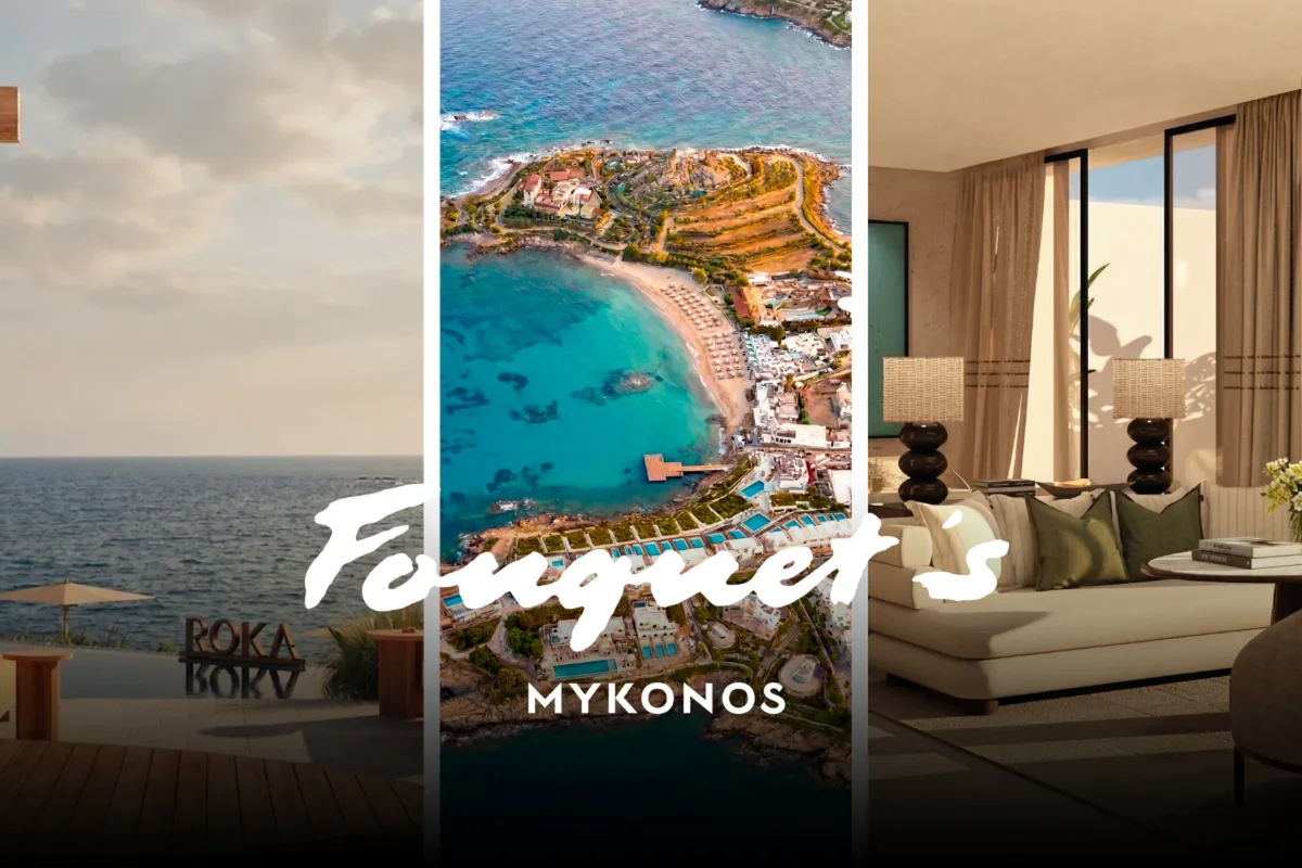 Official Fouquet's Mykonos opening collage with Aegean views and hotel interiors