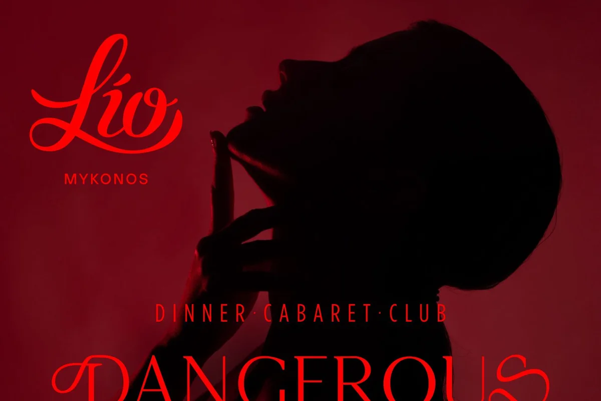 Official Lio Mykonos cabaret artwork with a silhouetted performer