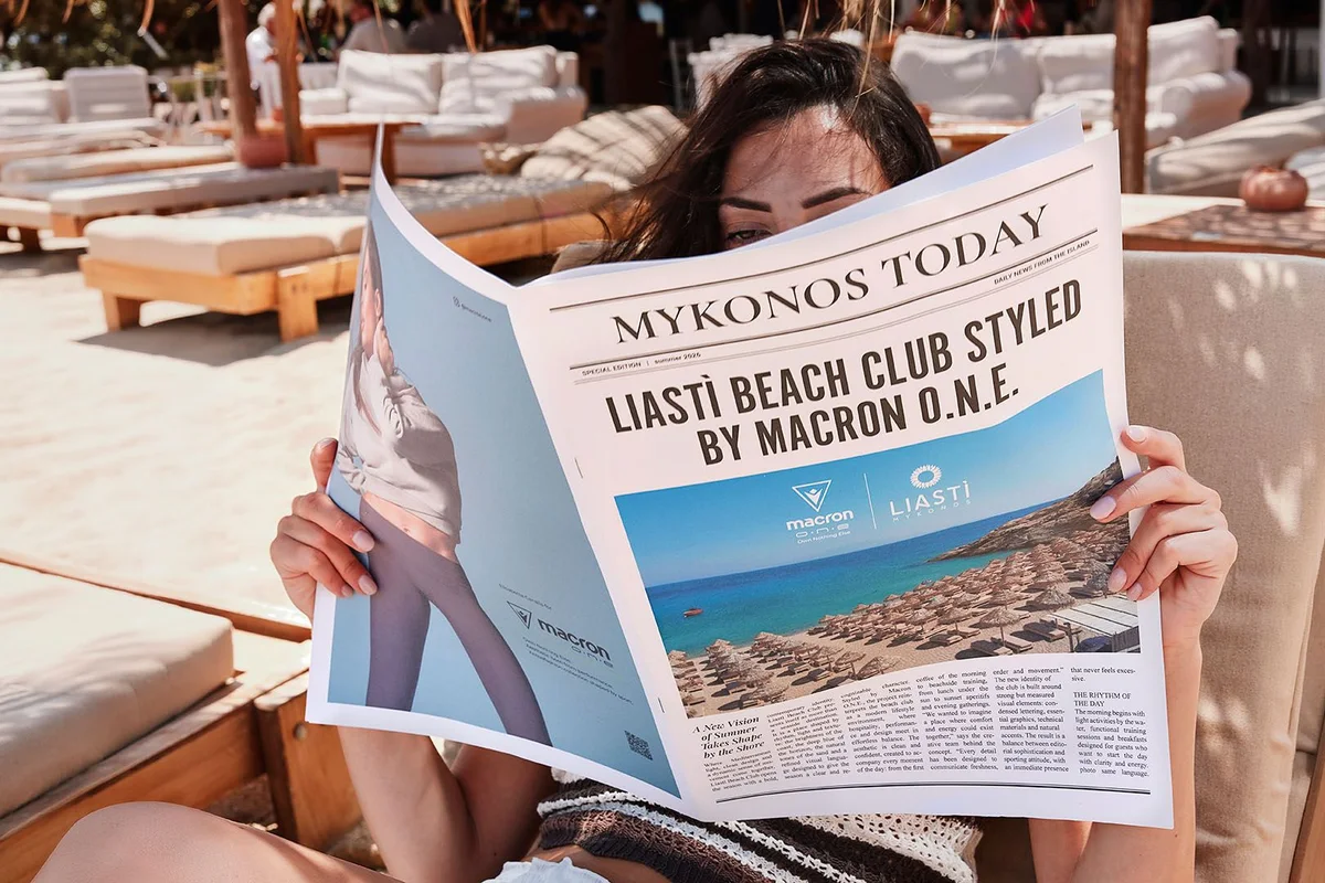 Official Liastì Beach Club Styled by Macron O.N.E. campaign image in Mykonos