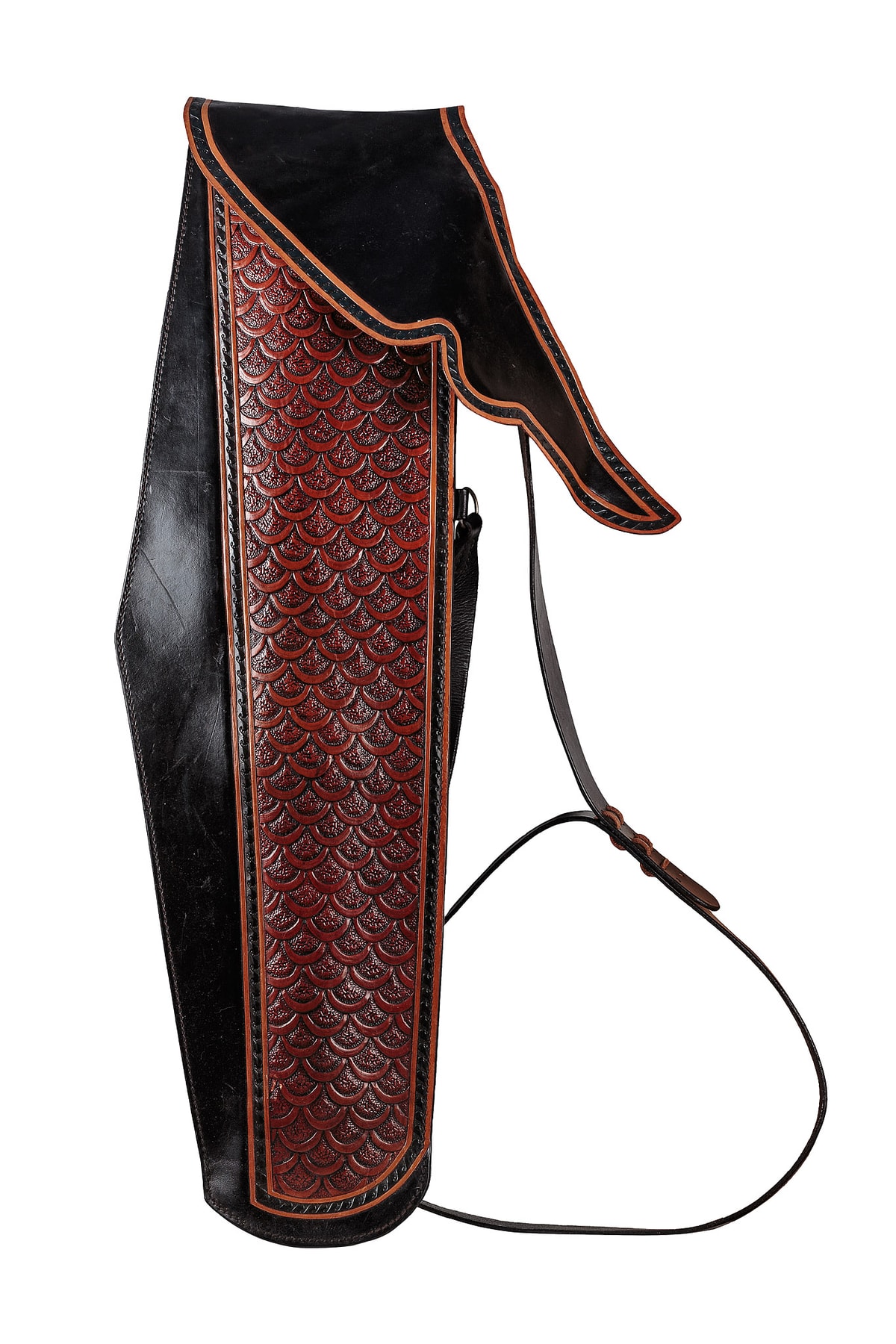 Black and red quiver with a scale-patterned panel and shoulder strap