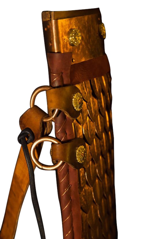 Close view of a quiver with gold-toned metal decoration, suspension rings and a leather strap