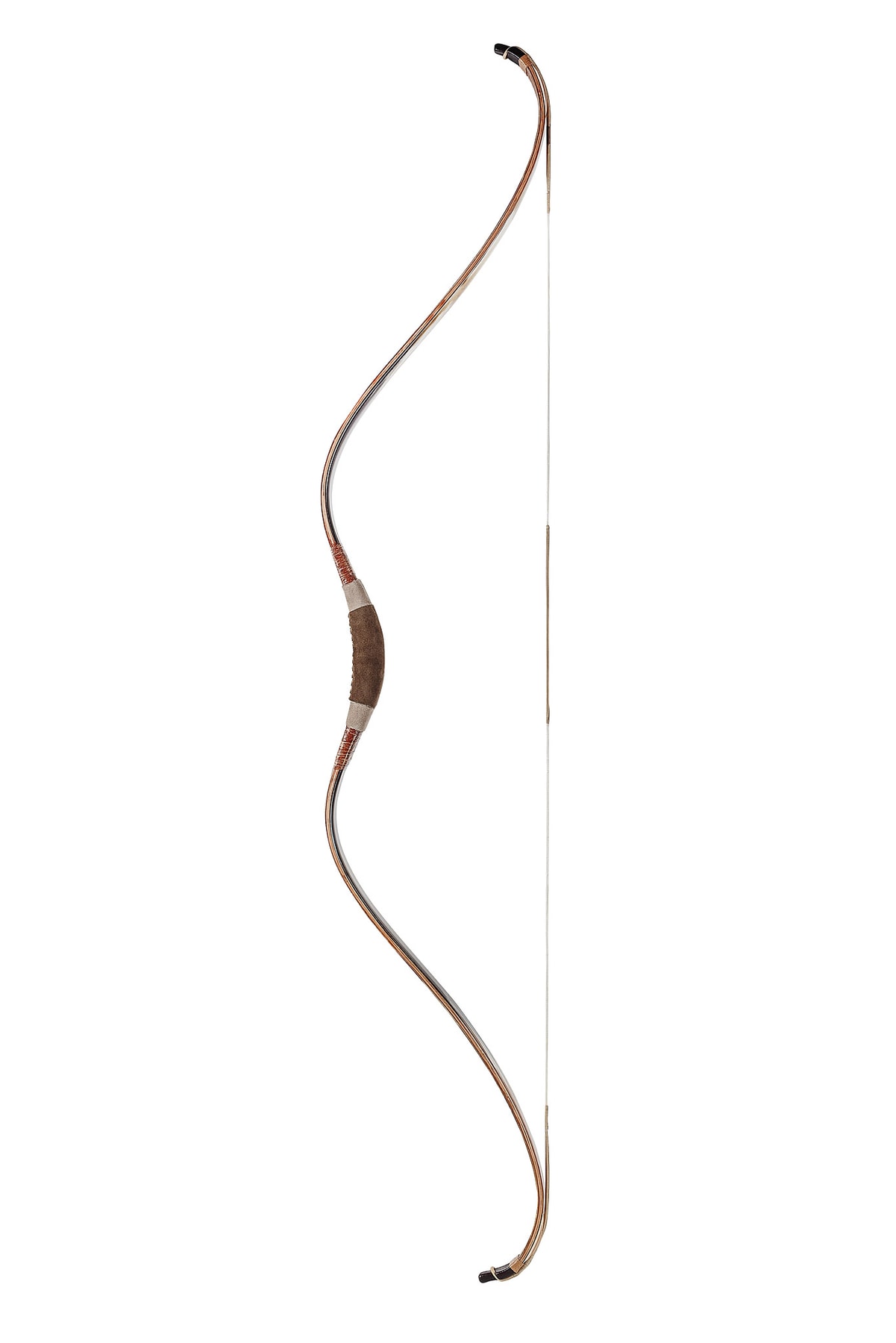 Recurved bow with a wrapped grip and pale string against a white background