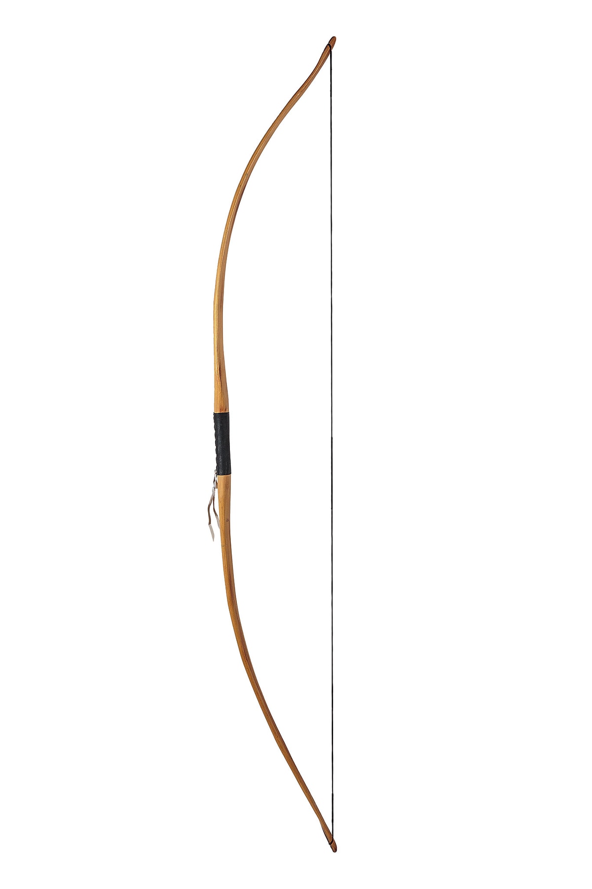 Wooden bow with a black grip and dark string against a white background
